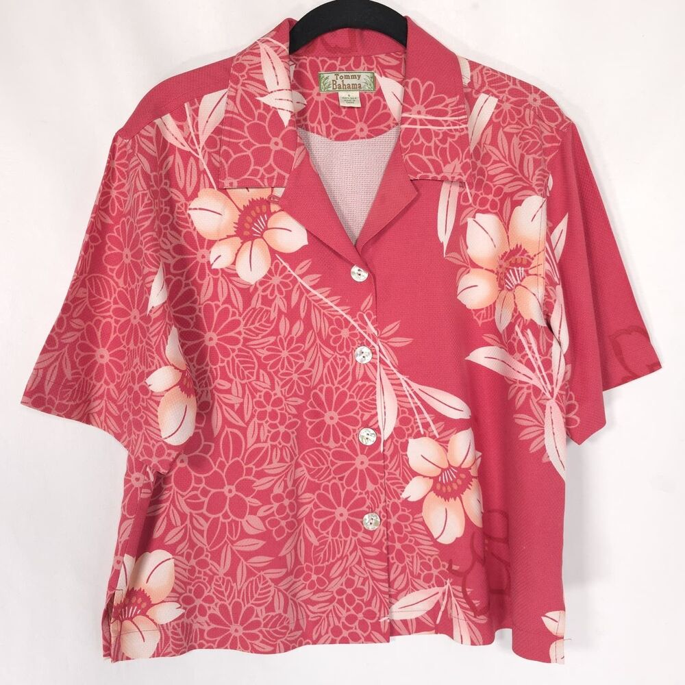 TOMMY BAHAMA Women's Top Shirt SMALL Hawaiian 100% SILK Floral Pink Tropical
